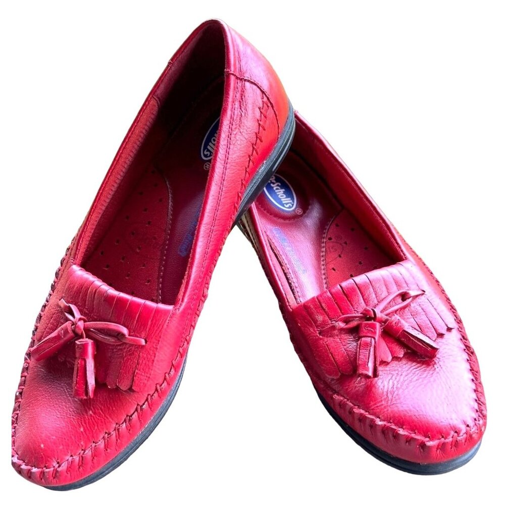 Dr SCHOLL Red Dress Slip on Loafers Flats Women Tassel Leather Moccasins Holiday